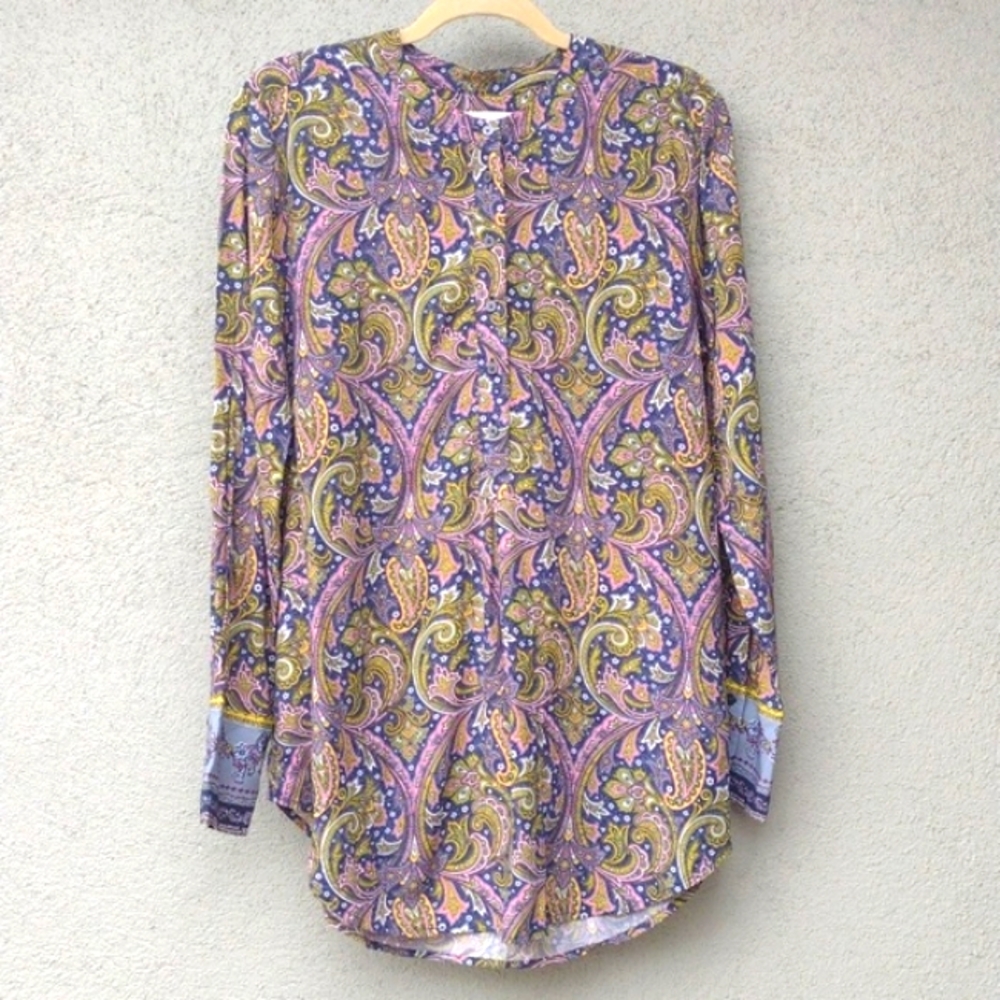 LOFT Colorful Floral Paisley Half Button Rayon Tunic Blouse Women's Medium